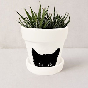 Black Cat Indoor Plant Pot | Witchy Decor | Gothic Decor Mystical Succulent Pot | Planter w/ Saucer | Plant NOT included (Matte White)