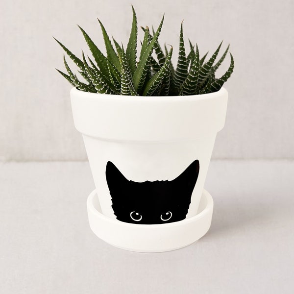 Black Cat Indoor Plant Pot | Witchy Decor | Gothic Decor Mystical Succulent Pot | Planter w/ Saucer | Plant NOT included (Matte White)
