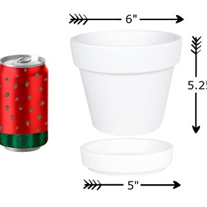 May include: White ceramic planter with a matching saucer. The planter is 6 inches wide and 5.25 inches tall. The saucer is 5 inches wide.