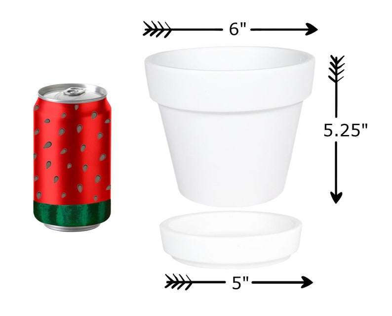 May include: White ceramic planter with a matching saucer. The planter is 6 inches wide and 5.25 inches tall. The saucer is 5 inches wide.