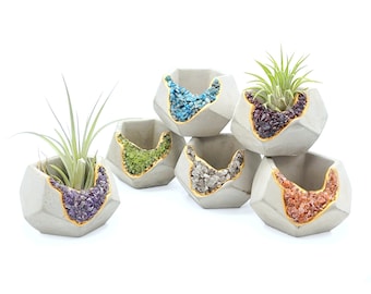 2.5" Mini Geode Plant Pot | Unique Crystal Air Plant Holder | Geometric Succulent Pots Cement | Tea light Candle Holder | Plant NOT included