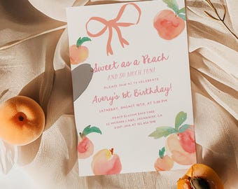 Sweet as a Peach Birthday Invitation – Editable Little Peach 1st Birthday Invite – Summer Girl Peach Party Template#SA1