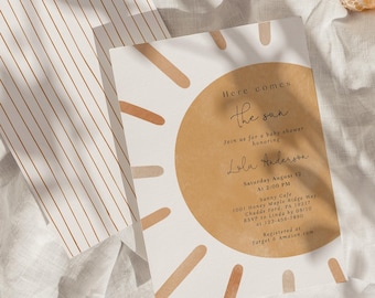 Here Comes The Sun Baby Shower Invitation – Boho Neutral Sunshine Theme – Gender Neutral Baby Invite – Editable Digital Template