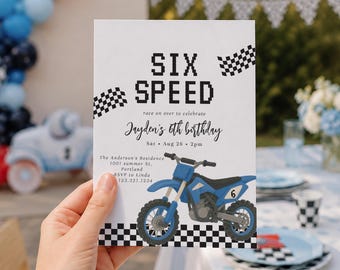 Convite de aniversário de 6 anos com tema de corrida de motocross (modelo editável)