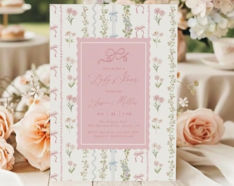 Vintage Floral Girl Baby Shower Invitation – Editable Pink Garden Baby Shower Invite – Romantic Botanical Template