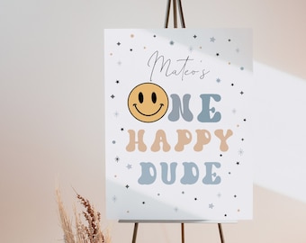 One Happy Dude Boy 1st Birthday Party Smile Birthday Decor Sign, Modern Smiley Face Birthday Welcome Sign Template, Fully Editable#YC3