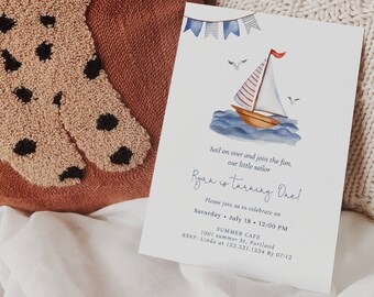 Little Sailor Nautical Birthday Invitation, Ahoy Sailor Birthday Party Invitation, Blue Sailboat Invite • Any Age • Fully Editable#YR9