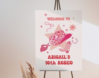 Pink Disco Cowgirl Birthday Welcome Sign, Let's Go Girls Birthday Party Welcome Sign, First Rodeo Birthday, Fully Editable#Y245