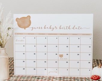 Op de afbeelding: Een witte printbare kalender met een illustratie van een bruine berenballon. De kalender is om de geboortedatum van een baby te raden. De uitgerekende datum is gemarkeerd op 19 december.