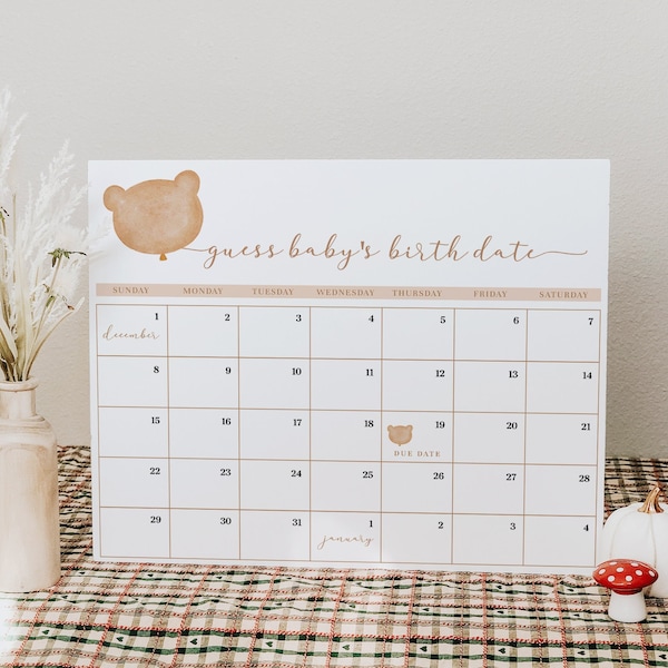Bear Baby Shower Guess Baby Due Date Game, We Can Bearly Wait Baby Shower, Editable Guess Baby's Birth Date Calendar, Fully Editable#Y231