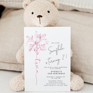 Little Snowflake Turning Two Birthday Invitation | Winter Wonderland | Editable Pink Snowflake Birthday Invite | Minimalist Snowflake#WS1