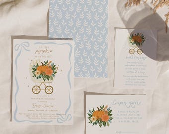 A Little Pumpkin Boy Baby Shower Bundle - Blue Pumpkin Fall Baby Shower Invite, Books for Baby, Diaper Raffle & Thank You Card Template#FA4