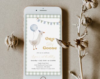 Boy One Silly Goose Birthday Text Invitation | Editable One Silly Goose 1st Birthday Party Evite | Goose First Birthday#YO2