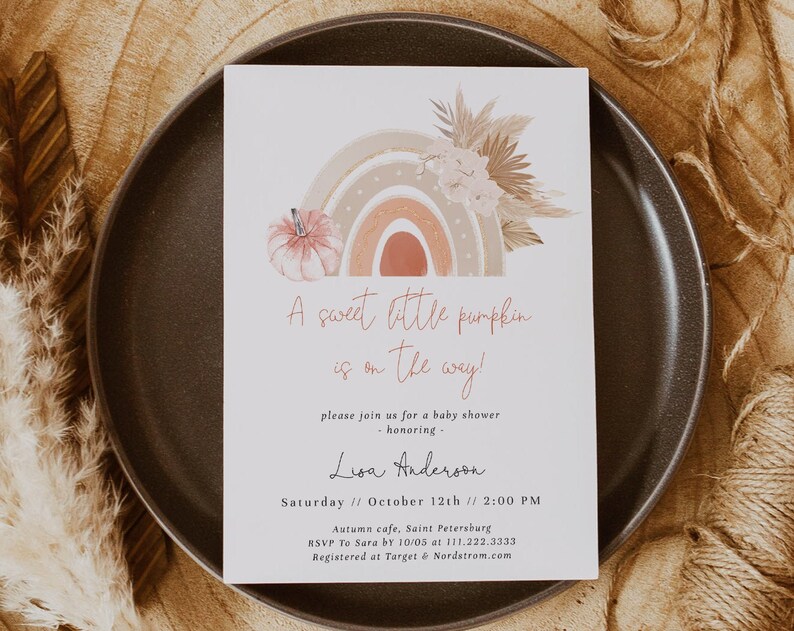 Pumpkin Baby Shower Invitation Pampas Grass Bohemian Rainbow Girl Baby Shower Invitation Muted Rainbow Pink Pumpkin Fully