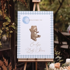 Bär-Babyparty-Willkommens-Schild | We Can BearlyWaist Junge Babyparty Willkommensschild | Bearbeitbares blaues Gingham-Teddybär-Willkommensschild # YA9