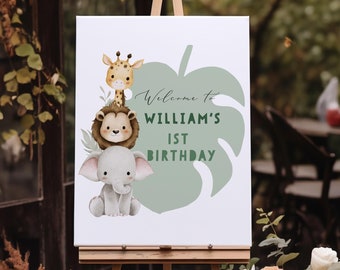 Safari Birthday Welcome Sign | Jungle Animals Birthday Sign | Editable Wild One Birthday Welcome Sign Template#YJ3