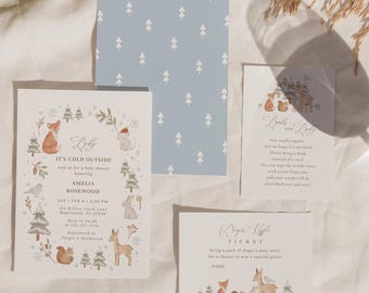 Winter Woodland Baby Shower Invitation Set – Baby It’s Cold Outside – Editable Winter Wonderland Baby Shower Bundle