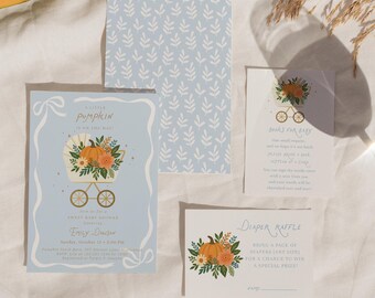 Blue Pumpkin Boy Baby Shower Invitation Bundle - A Little Pumpkin with Bow - Fall Baby Shower Invite, Books for Baby & Diaper Raffle#FA4