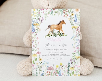 Gallop On Over Birthday Invitation, Pony with Flowers Birthday Invitation, Saddle Up, Wildflower Horse, Fully Editable#S246