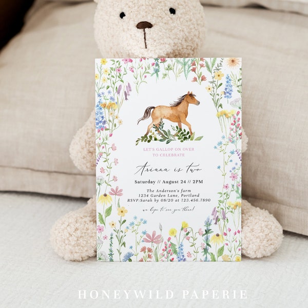 Gallop On Over Birthday Invitation, Pony with Flowers Birthday Invitation, Saddle Up, Wildflower Horse, Fully Editable#S246