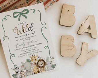 A Little Wild One Is On The Way Baby Shower Invitation | Editable Safari Baby Shower Invite | Bow and Jungle Animals Baby Sprinkle#YJ1