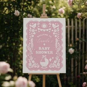 Pink Talavera Baby Shower Welcome Sign - Editable Papel Picado Poster - Mexican Cielito Lindo Fiesta Girl Baby Shower Decor#YH4