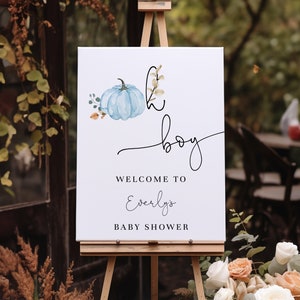 Oh Boy, cartel de bienvenida para baby shower de niño pequeño con calabaza / cartel de bienvenida de niño pequeño con calabaza azul / cartel de bienvenida para baby shower de niño de otoño / totalmente editable n.° FA8