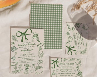 Farmers Market Baby Shower Bundle - Editable Locally Grown Baby Invite, Book Request, Diaper Raffle & Thank You Card#SA4
