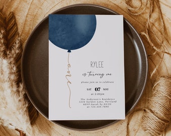 Baby Boy 1st Birthday Invitation, Navy Blue and Gold Invitation, Simple Balloon First Birthday, Fully Editable #R11