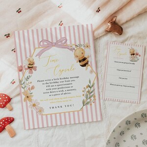 Honey Bee First Bee Day Birthday Time Capsule Sign and Matching Printable Message Cards | Editable Bee and Daisy Girl First Birthday#SP1
