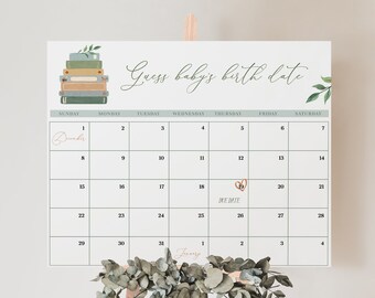 Op de afbeelding: Een witte kalender met een groen bloemmotief en de tekst "Raad de geboortedatum van de baby". De kalender toont december en januari met een hart dat de uitgerekende datum op 19 december markeert.