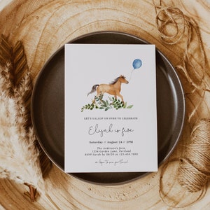 Simple Greenery Little Horse Birthday Invitation, Gallop on Over, Horse Birthday Party Invitation, Farm Birthday Invite, Fully Editable#A9