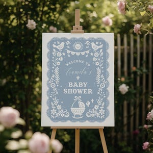 Dusty Blue Cielito Lindo Baby Shower Welcome Sign - Editable Papel Picado Poster - Mexican Fiesta Boy Baby Shower Printable Decor#YH4