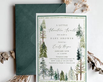 Adventure Awaits Baby Shower Invitation - Woodland Forest Theme - Watercolor Pine Tree Invite - Winter Boy - Editable Template#WA1