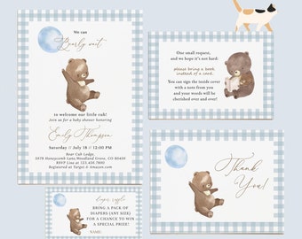 We Can Bearly Wait Boy Baby Shower Small Bundle | Editable Teddy Bear Baby Invite, Book Request, Diaper Raffle Tickets & Thank You Card#YA9