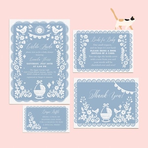 Bundle modifiable Dusty Blue Cielito Lindo Baby Shower - Invitation Fiesta mexicaine, Papel Picado, demande de livre, tombola et carte de remerciement #YH4
