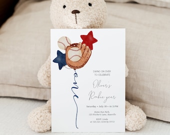 Baseball First Birthday Invitation - Little Rookie 1st Birthday Invitation - Printable Rookie Year Invite, Fully Editable-#YA5