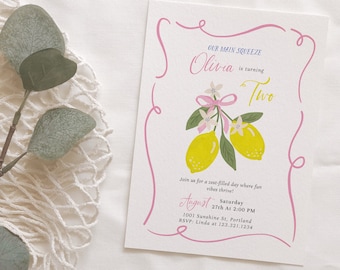 Our Main Squeeze Lemon Birthday Invitation, Pink Bow Lemon, Girl's Birthday Invite for Any Age, Summer Citrus Birthday, Fully Editable#SU0