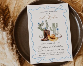 2nd Rodeo Birthday Invitation - Editable Cowboy Birthday Party Invite - Wild West Boy 2nd Birthday Invitation#YA6