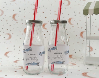Etiquetas imprimibles para botellas de agua con diseño de coche de carreras azul para cumpleaños / Decoración de cumpleaños "DOS rápidos" o "UNO rápido" / Decoración editable con temática de coche de carreras para niño / #YAC
