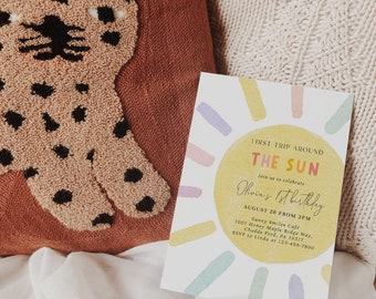 First Trip Around The Sun Birthday Invitation, Boho Sun 1st Birthday, You Are My Sunshine, Editable Girl's First Birthday Template#YS3