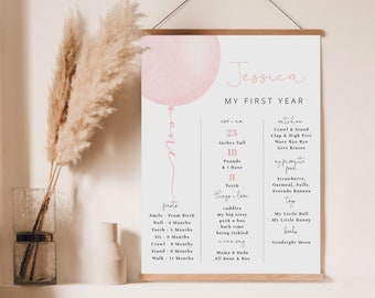 Baby Girl 1st Birthday Milestone Board | Pastel Pink Balloon Keepsake Sign | Fully Editable Girl First Birthday Milestone Sign#YB2