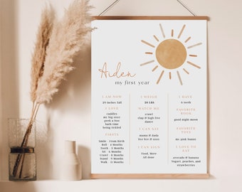 Neutral Boho Sun 1st Birthday Milestone sign, First Trip Around The Sun, Boy 1st Birthday Baby keepsake sign, Fully Editable#Y230