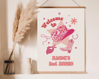 2nd Rodeo Birthday Welcome Sign, Pink Disco Cowgirl Second Birthday Party Welcome Decor, Ain't my 1st Rodeo Sign, Fully Editable#Y245