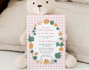 Fall Pink Pumpkin Baby Shower Invitation, Girl Pumpkin Baby on the Way, Editable Printable Girl Pumpkin Invitation#F237