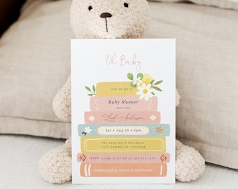Storybook Stack Baby Shower Invitation, Girl Editable Book Themed Baby Shower Invite, Book Lovers, Girl Storybook Baby Shower#Y236