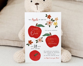 Apple Birthday Invitation, Apple of Our Eye 1st Birthday Invitation, Girl's Apple Theme Invitation, Apple Orchard, Fully Editable#FA1