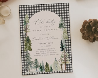 Può includere: Un invito a un baby shower con motivo a quadri bianchi e neri e un'illustrazione ad acquerello di una scena di bosco invernale. L'invito recita "Oh, baby Join us for a Baby Shower honoring Caroline Williams January 12th at 2:00PM The Anderson's Residence 1015 Winter St Richmond, VA RSVP: Linda at 123-456-7890 Registered at Target & Amazon.com"