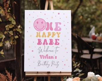 Letrero de bienvenida &quot;One Happy Babe&quot;, plantilla moderna de carita sonriente para primer cumpleaños, decoración de cumpleaños con carita sonriente, totalmente editable #Y226