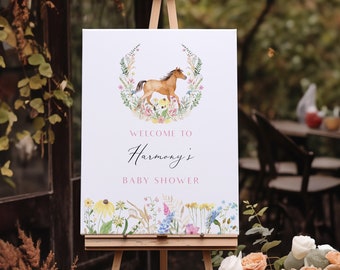 Floral and Horse Baby Shower Welcome Sign, Go Baby Go Pony Baby Shower Welcome Sign, Derby Baby Shower • Fully Editable Template#S246